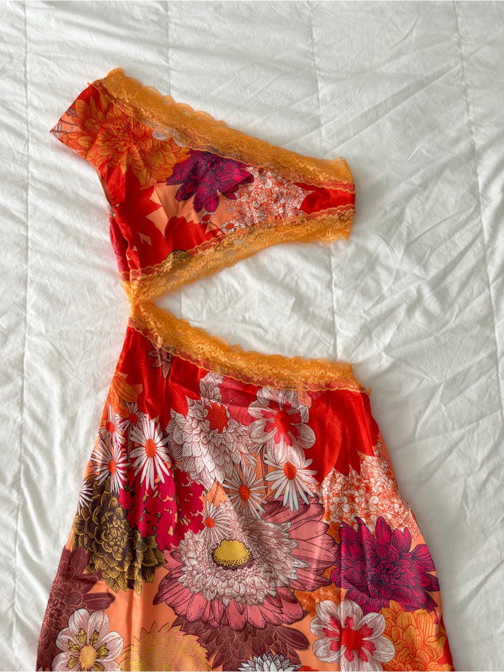 Floral Cutout Slip Dress with Orange Lace Trim